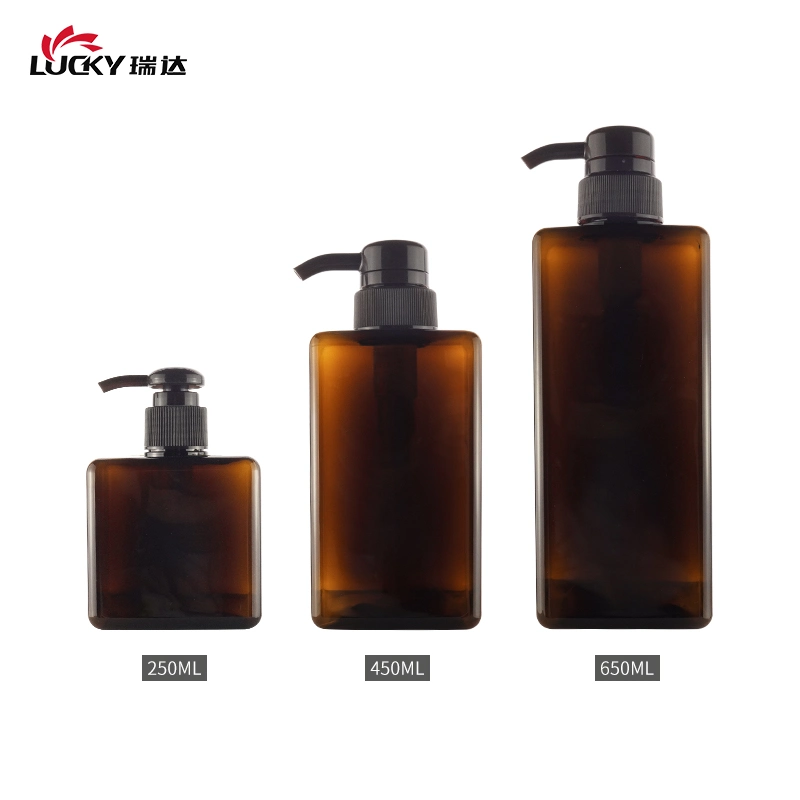 Wholesale 250ml 450ml 650ml Green Amber PETG Cosmetic Packaging Bottle Plastic Square Shampoo Empty Lotion Pump Bottle